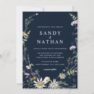 Invitation Mariage botanique de fantaisie Navy avec fleurs sa