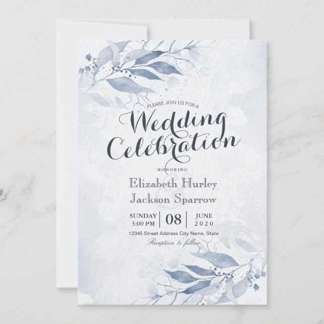 Invitation Mariage botanique de feuilles d'aquarelle bleue (Devant)