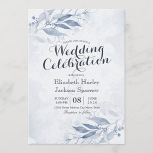Invitation Mariage botanique de feuilles d'aquarelle bleue