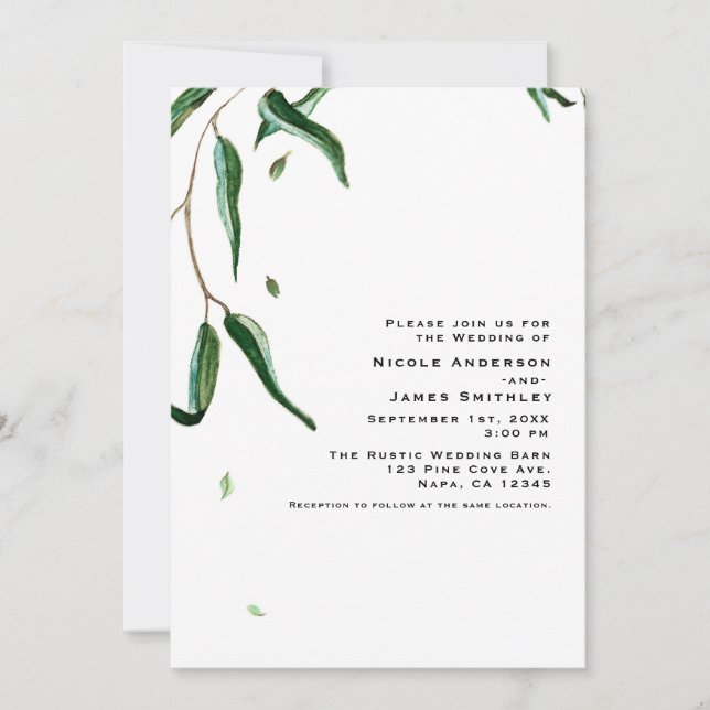 Invitation Mariage Botanique de Feuilles d'Eucalyptus Rustiqu (Devant)
