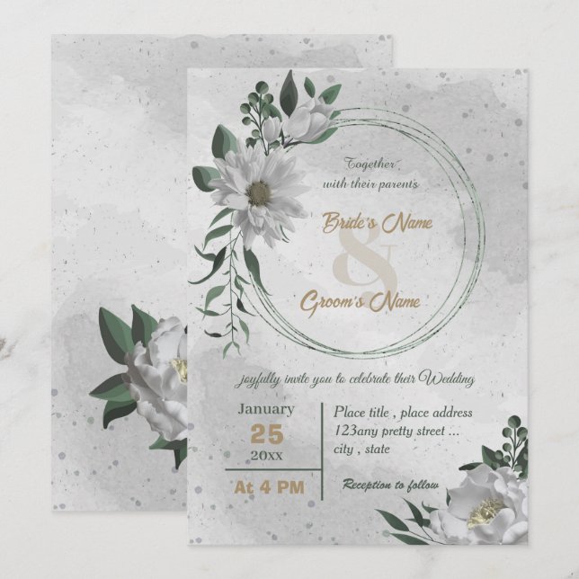 Invitation mariage botanique de fleurs blanches romantiques (Devant / Derrière)
