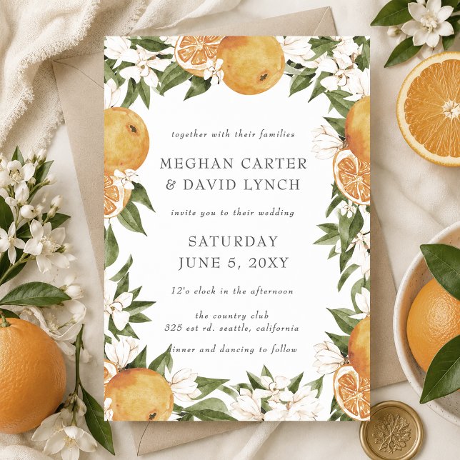 Invitation Mariage Botanique de Fleurs d'Orange Citrus (Orange Blossoms Citrus Botanical Wedding Invitation)