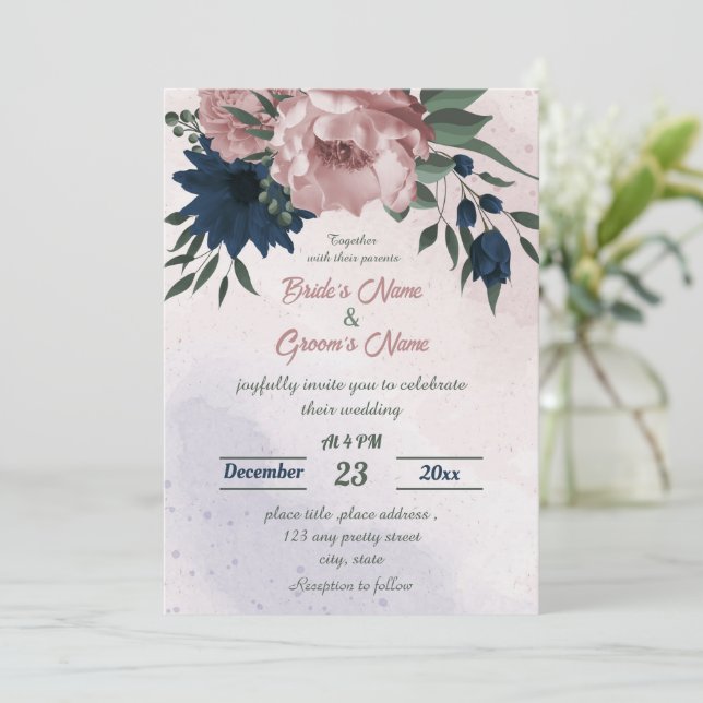 Invitation mariage botanique de fleurs rose et marine (Debout devant)