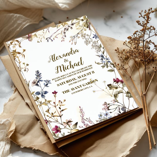 Invitation Mariage botanique de fleurs sauvages bohème d'auto (Créateur téléchargé)