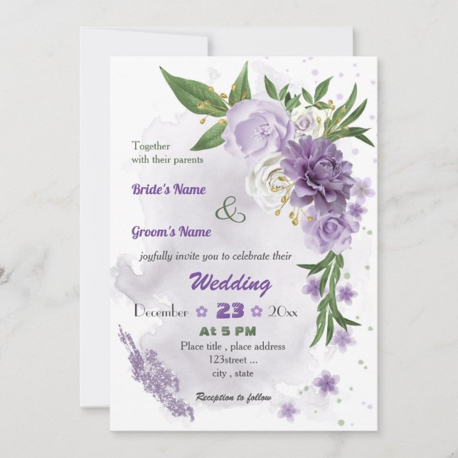 Invitation mariage botanique de fleurs violettes romantique (Devant)