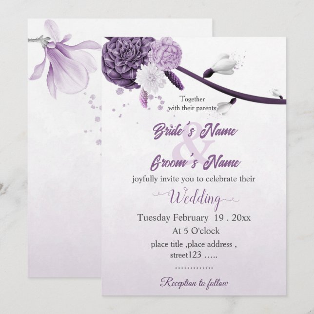 Invitation mariage botanique de fleurs violettes romantique (Devant / Derrière)