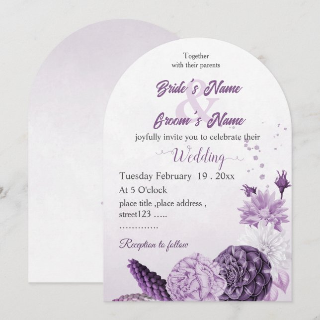 Invitation mariage botanique de fleurs violettes romantique (Devant / Derrière)
