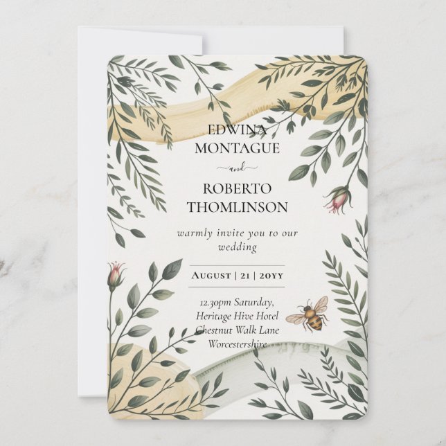 Invitation Mariage botanique de l'abeille et de l'olive Hérit (Devant)