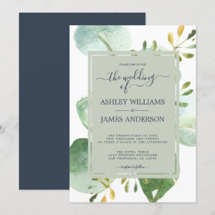Invitation Mariage botanique de l'Eucalyptus bleu marine