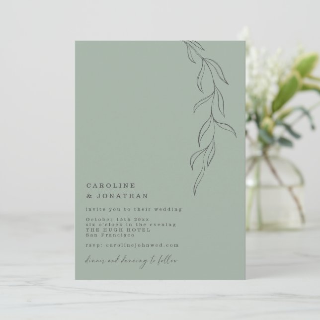 Invitation Mariage Botanique de Machine à Écrire Vert Sauge M (Debout devant)