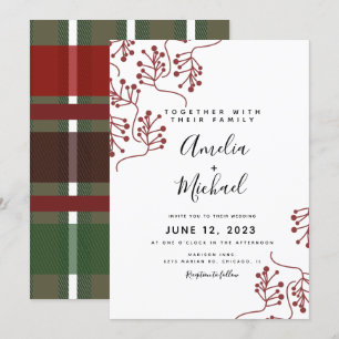 Invitation Mariage botanique de Noël avec carreaux et baie de