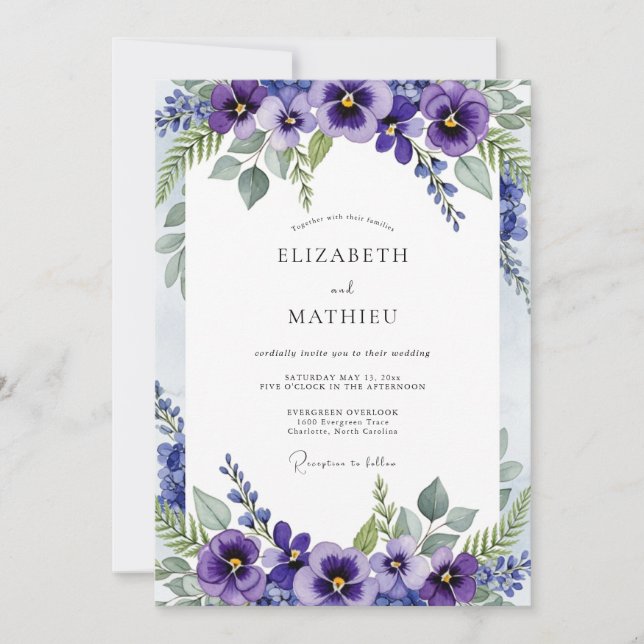 Invitation Mariage botanique de printemps aux pensées violett (Devant)