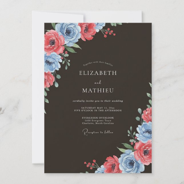 Invitation Mariage botanique de printemps bleu corail (Devant)
