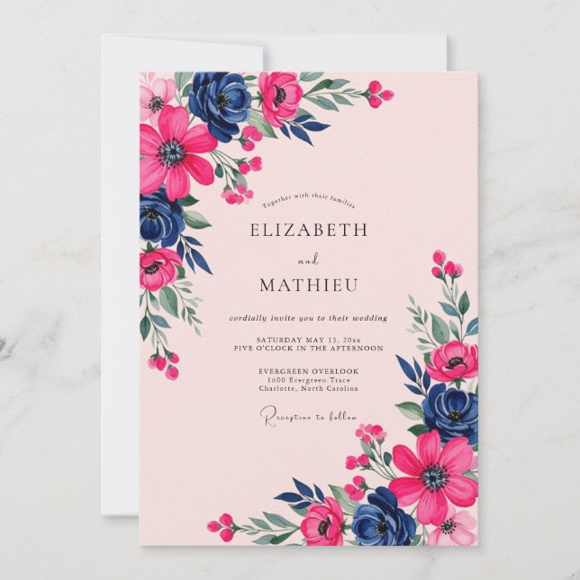 Invitation Mariage botanique de printemps Navy Magenta (Devant)