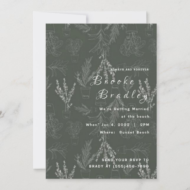 Invitation Mariage botanique de style craie vert foncé (Devant)