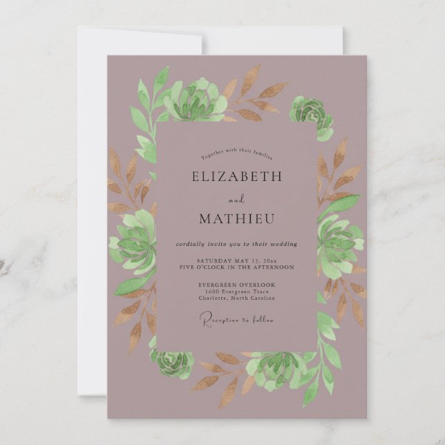 Invitation Mariage Botanique de Succulente Mauve (Devant)