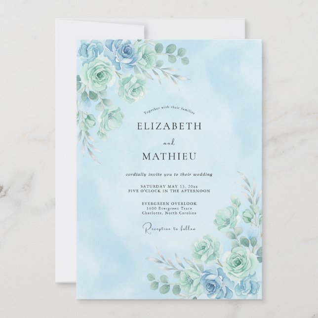Invitation Mariage Botanique Délicat Aigue-Marine (Devant)