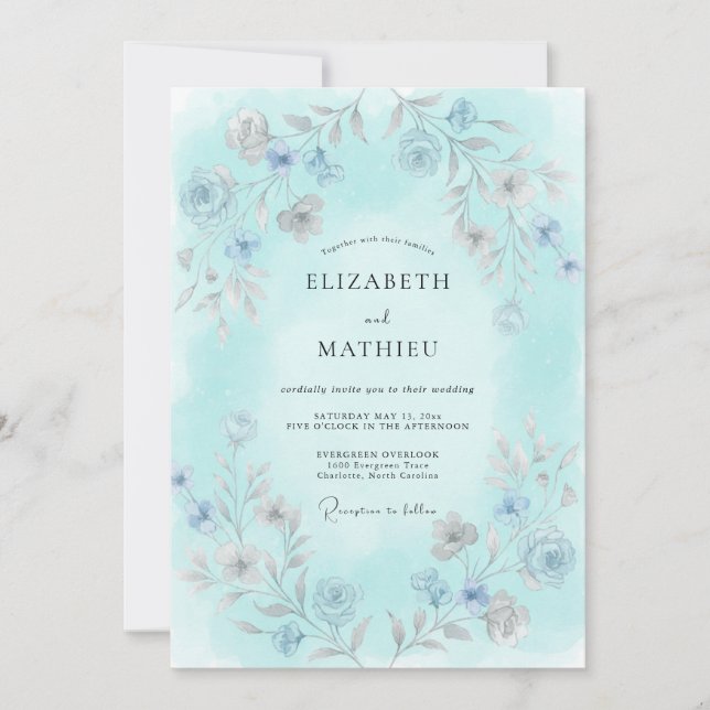 Invitation Mariage Botanique Délicat Aqua (Devant)