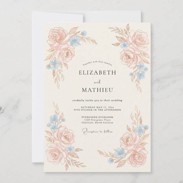 Invitation Mariage Botanique Délicat aux Pêches (Devant)