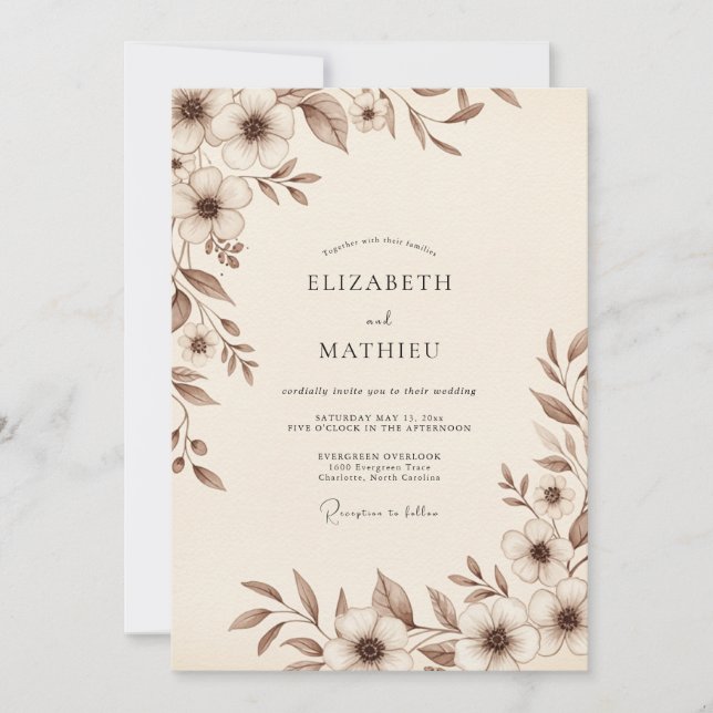 Invitation Mariage Botanique Délicat Brun (Devant)