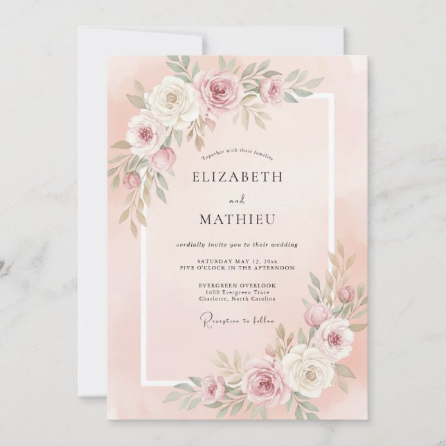 Invitation Mariage Botanique Délicat Rose Pâle (Devant)