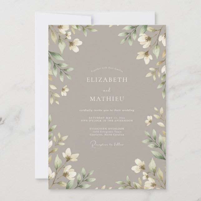 Invitation Mariage Botanique Délicat Taupe (Devant)