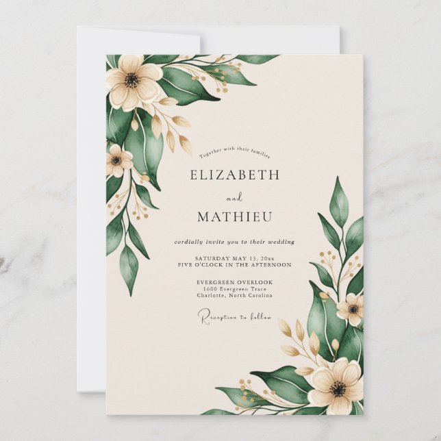 Invitation Mariage Botanique Délicat Vert Émeraude (Devant)