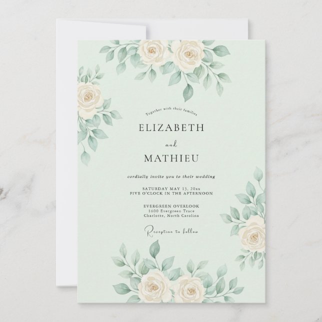 Invitation Mariage botanique délicat vert menthe (Devant)