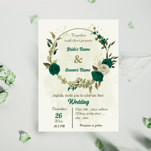Invitation mariage botanique des fleurs beiges vert émeraude