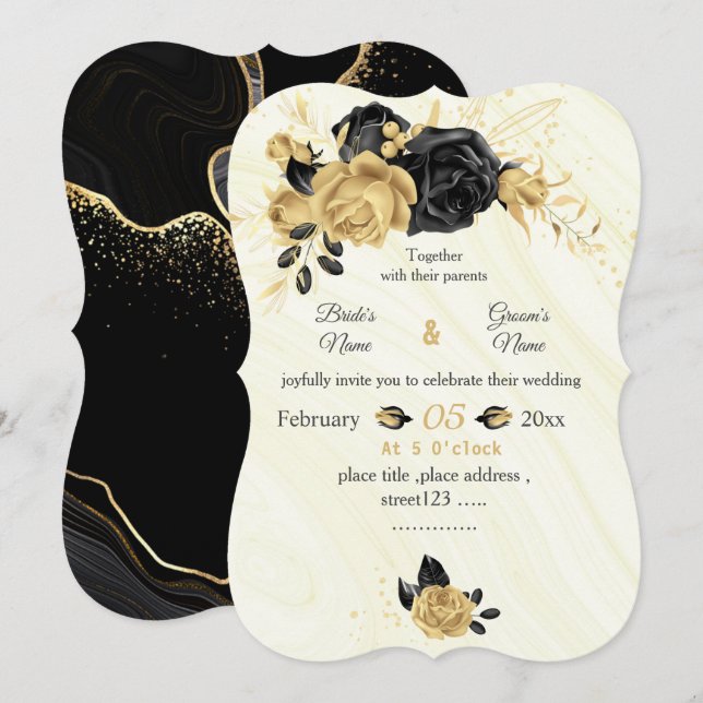 Invitation mariage botanique des fleurs d'or et de noir (Devant / Derrière)