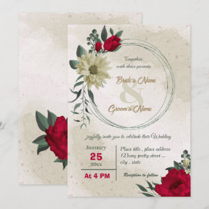 Invitation mariage botanique des fleurs jaune pâle rouge