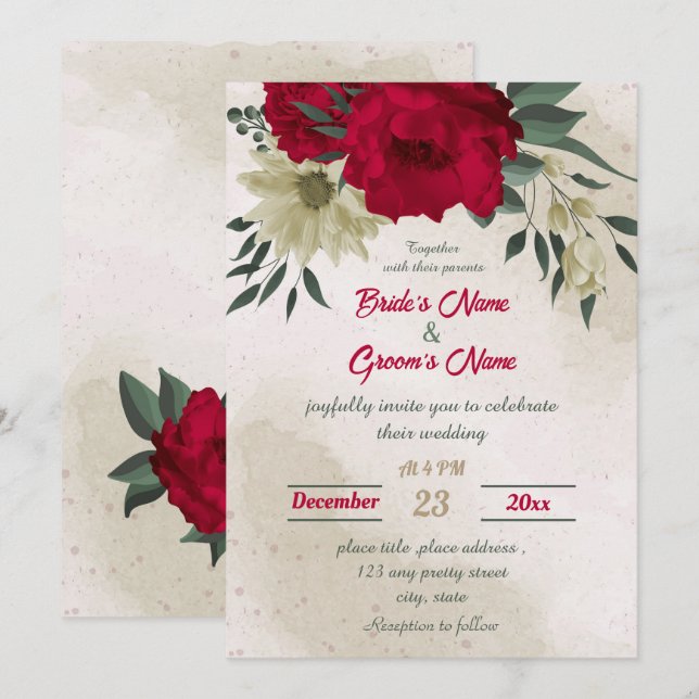 Invitation mariage botanique des fleurs jaune pâle rouge (Devant / Derrière)