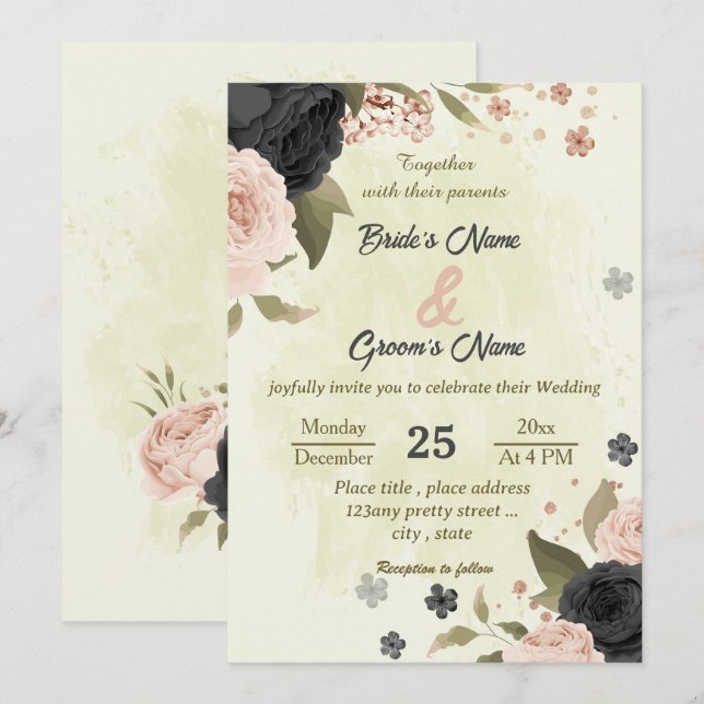 Invitation mariage botanique des fleurs rose vif noir (Devant / Derrière)