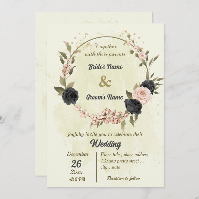 Invitation mariage botanique des fleurs rose vif noir (Devant / Derrière)