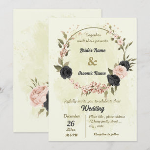 Invitation mariage botanique des fleurs rose vif noir