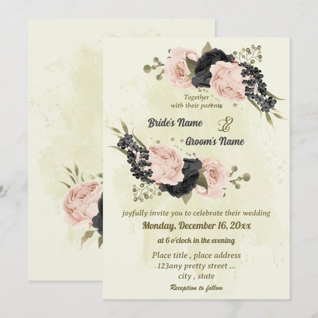 Invitation mariage botanique des fleurs rose vif noir (Devant / Derrière)