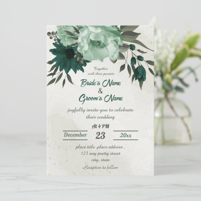 Invitation mariage botanique des fleurs vert émeraude (Debout devant)
