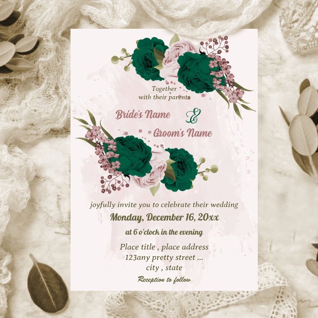 Invitation mariage botanique des fleurs vert émeraude rose (Créateur téléchargé)