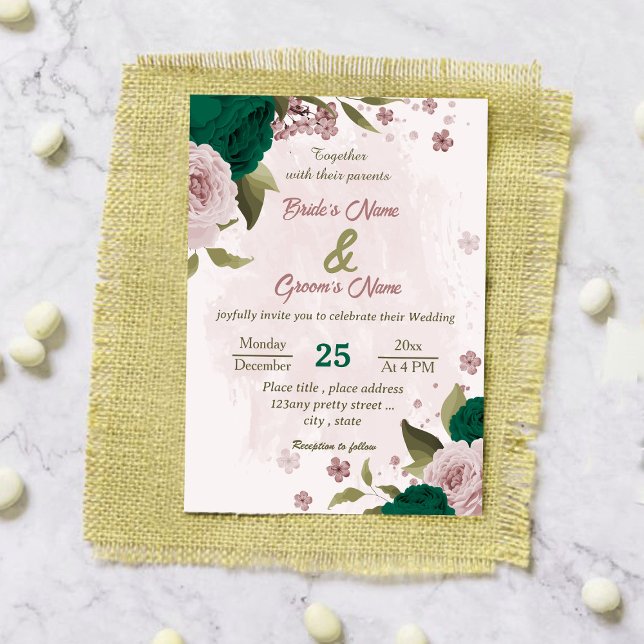 Invitation mariage botanique des fleurs vert émeraude rose (Créateur téléchargé)