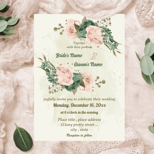 Invitation mariage botanique des fleurs vert sauge (Créateur téléchargé)