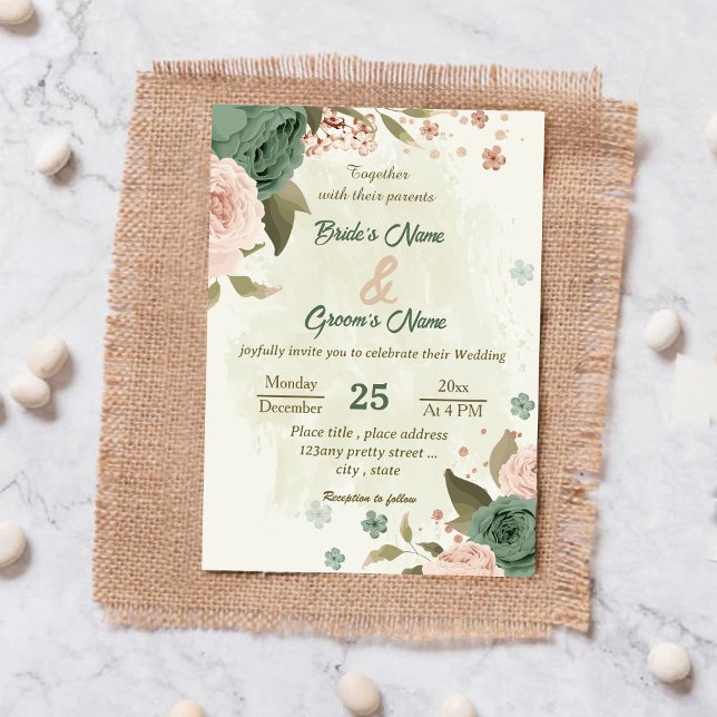 Invitation mariage botanique des fleurs vert sauge (Créateur téléchargé)
