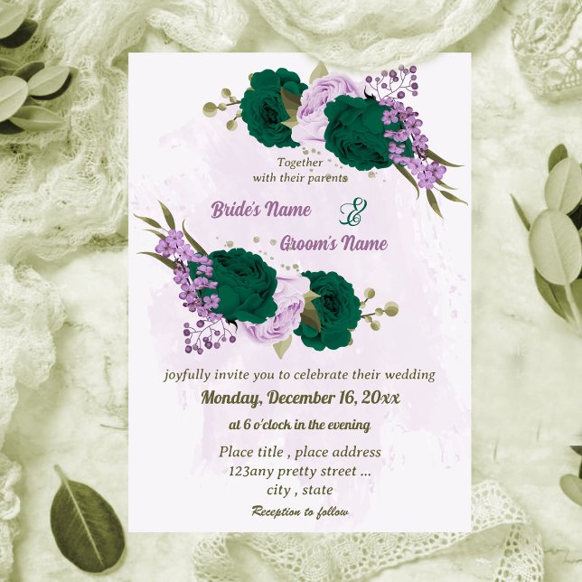 Invitation mariage botanique des fleurs violettes vert émerau (Créateur téléchargé)