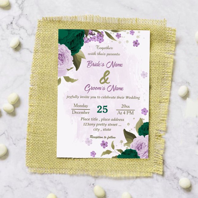 Invitation mariage botanique des fleurs violettes vert émerau (Créateur téléchargé)