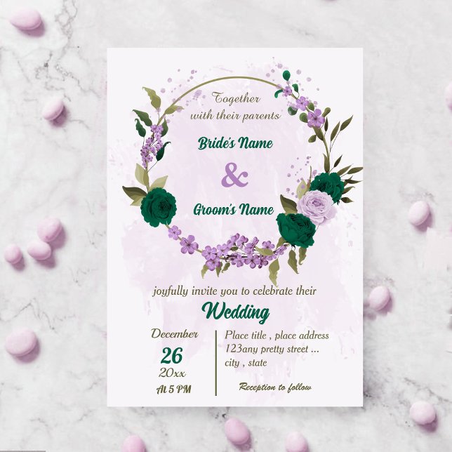 Invitation mariage botanique des fleurs violettes vert émerau (Créateur téléchargé)