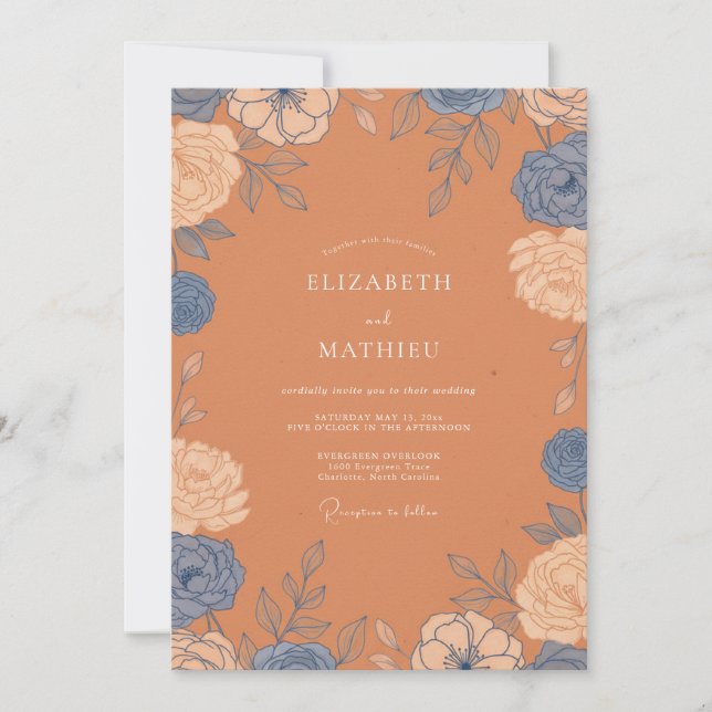 Invitation Mariage Botanique Dessiné à la Main en Terracotta (Devant)