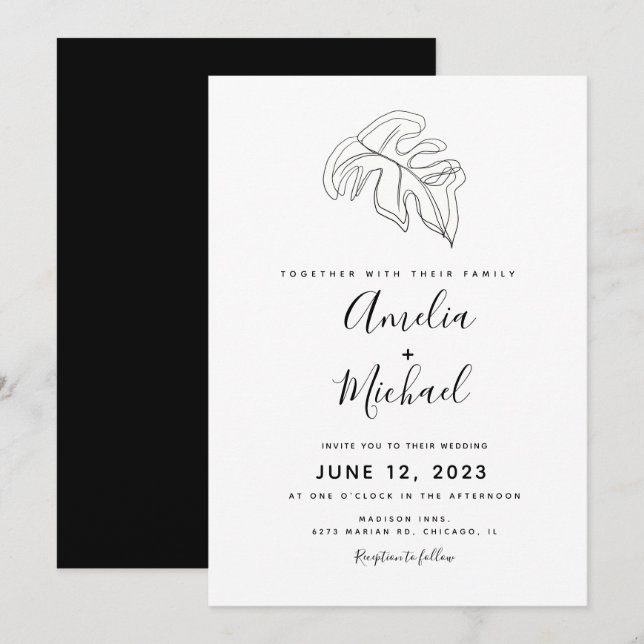 Invitation Mariage Botanique Dessiné à la Main Monstera Abstr (Devant / Derrière)