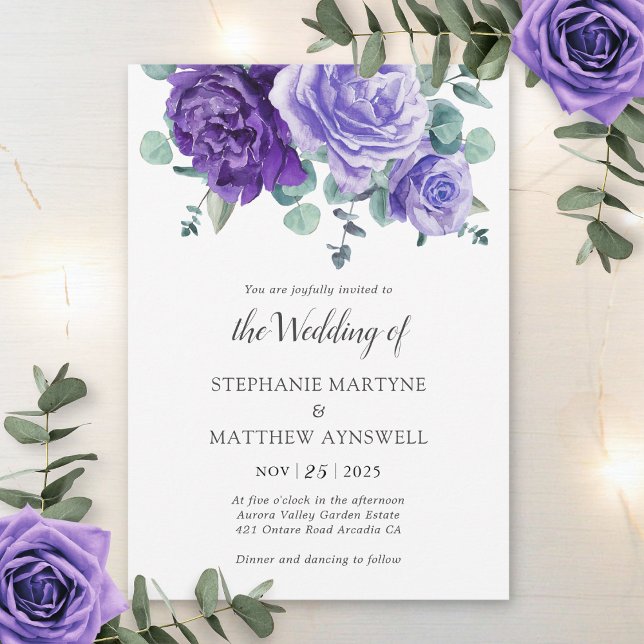 Invitation Mariage botanique d'Eucalyptus aux fleurs violette (Créateur téléchargé)