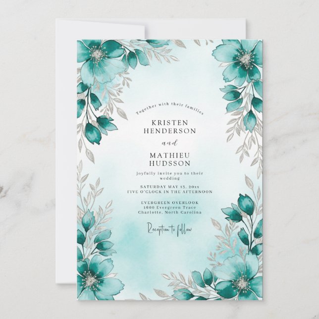 Invitation Mariage botanique d'hiver argent sarcelle (Devant)