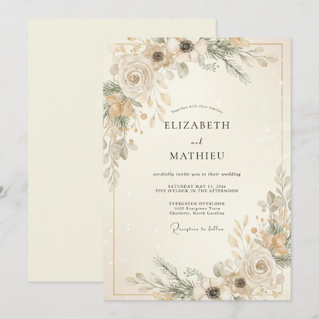 Invitation Mariage Botanique d'Hiver Sérénité d'Ivoire (Devant / Derrière)