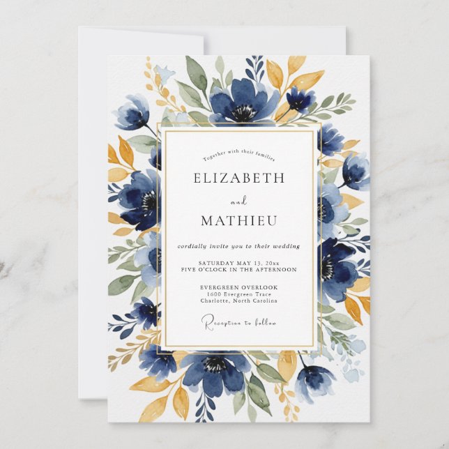 Invitation Mariage Botanique Distingué Bleu Marine (Devant)